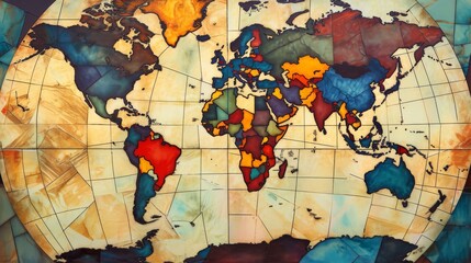 World map in stained glass art form.