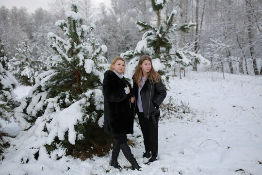 mother and daughter in a snowy forest. a woman in a fur black fur coat in winter in the forest. middle-aged woman winter photo session with her daughter