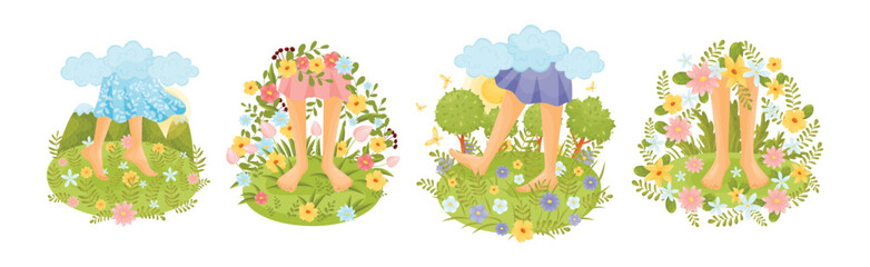 Green Meadow with Bare Foot Walking on Grass Vector Set