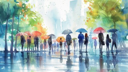 Artistic watercolor painting of people with umbrellas on rainy city street