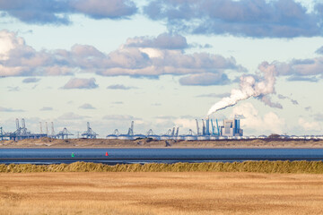 Industry, wind turbines and the coal-fired power station at the Maasvlakte, Port of Rotterdam, seen...