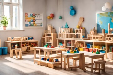 Montessori early education. Kindergarten, preschool classroom interior with wooden furniture,...