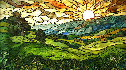  a green field Surrounded by mountains . Stained glass art depicting landscapes and life.