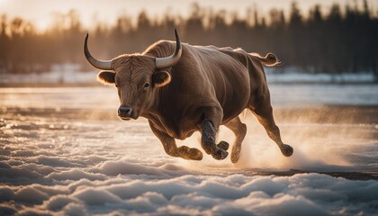 bull running on ice to the camera, warm light

