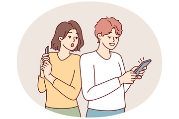 Curious woman looking at boyfriend phone spying on social media correspondence for family distrust concept. Shocked girl pry into man using smartphone to flirt dating app. Flat vector illustration