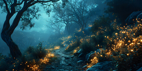 Dark mountain path with fireflies under blue night sky