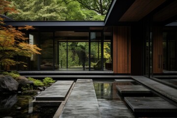 A person stands outside a house, located next to a pond, surrounded by trees.