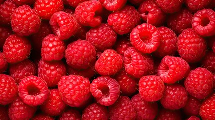 Fresh red raspberries forming a vibrant background in a close-up top-down view. Wide banner layout with an empty place for text,