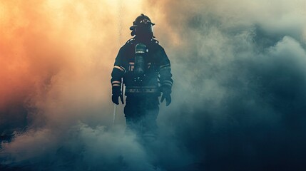 Firefighter fighting with fire in the smoke - obrazy, fototapety, plakaty