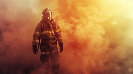 Firefighter in the smoke. Firefighter in a fire suit - obrazy, fototapety, plakaty