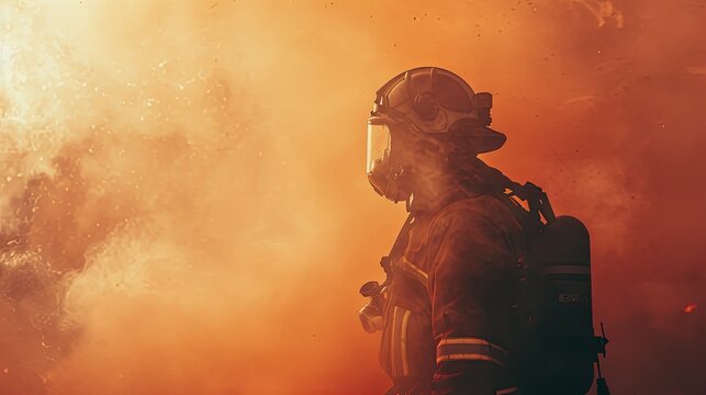 A firefighter at work in the smoke puts out a fire