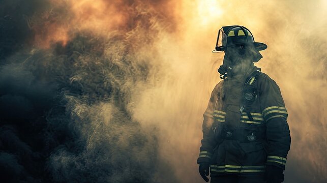 Firefighter with smoke and fire in the background, conceptual image
