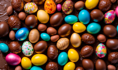 Fototapeta premium Easter chocolate eggs and bunny. Selective focus.