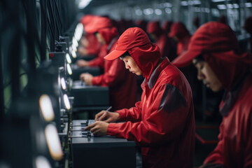 Fototapeta na wymiar A focused group of individuals wearing red clothing work diligently on a machine in a workshop.