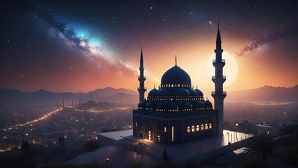 Silhouette of a Big Mosque in the Starry Night. Suitable for Ramadan concept, Islamic concept, Greeting card, Wallpaper, Background, Illustration, etc 