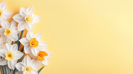 Floral Elegance: Beautiful fresh white and yellow narcissus flower heads on a pastel background, forming a delicate congratulation concept.