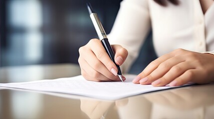 Professional Penmanship: Closeup of a young adult woman's hand holding a pen and engaged in writing, creating a workspace banner.