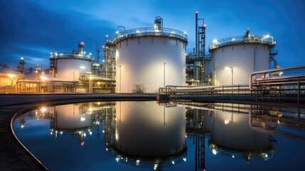 An oil refinery with its distinct structures and machinery reflected in the calm water of a nearby body.