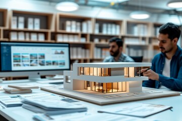 Two architects discussing over a house model in the office