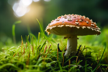 Fly agaric in the forest. Background with selective focus and copy space