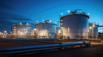Obraz premium An oil refinery is seen at night, brightly lit with lights, showcasing the industrial activity and energy production.
