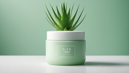 empty cosmetic cream container and near the decorative aloe vera plant in white color, isolated light green background
