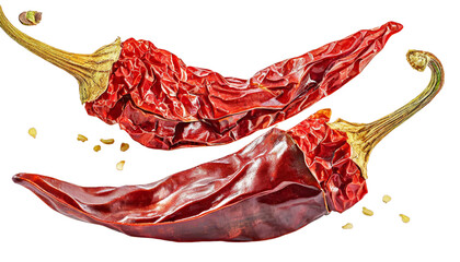 Dried red Hot Chili Peppers Isolated Transparent Background.