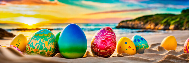 Easter eggs on the beach. Selective focus.