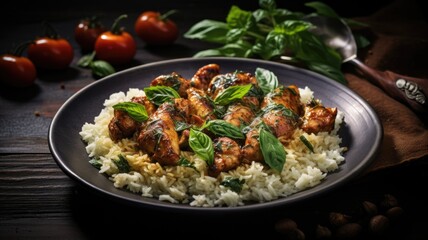 A plate featuring a delicious combination of chicken and rice topped with fragrant basil leaves.