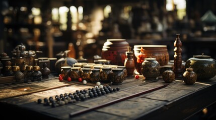 Antique tables and vintage cue sticks.