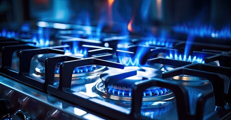 A detailed view of a gas stove with brilliant blue flames burning.