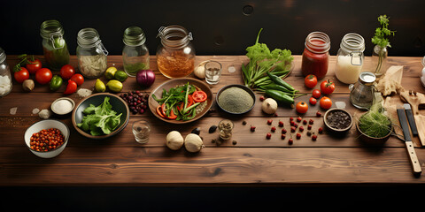 Fototapeta na wymiar Wooden counter with ingredients in kitchen