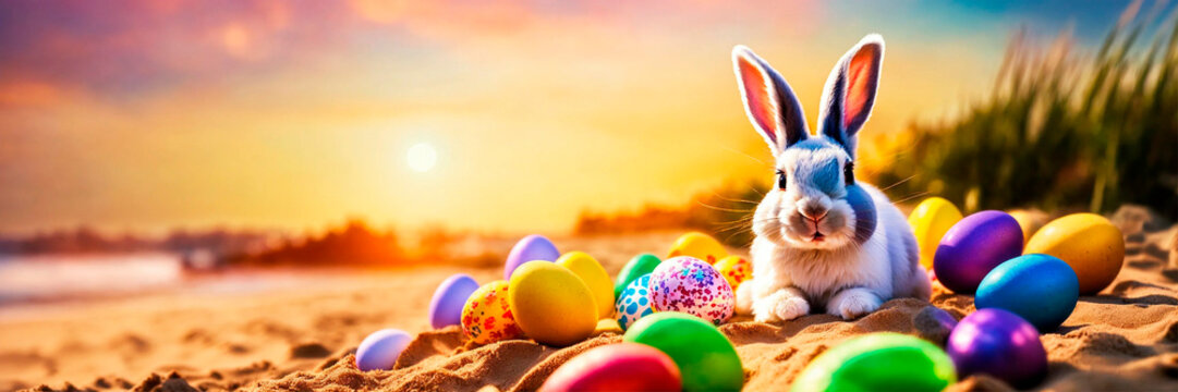 The Easter bunny is resting on the beach. Selective focus.