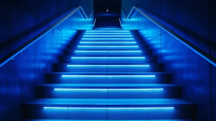 Fotobehang Blue light casting a glow on a futuristic staircase, creating a path forward © Kanisorn