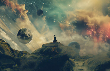 cosmic landscape with planets and nebulas in a massive sky with a person looking up at the grand sky in wonderment