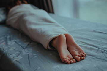 Sleeping baby in the bed, focus on feet
