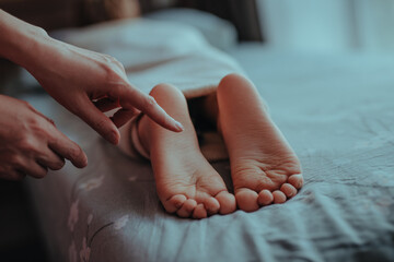Woman's hand touches foot of sleeping child