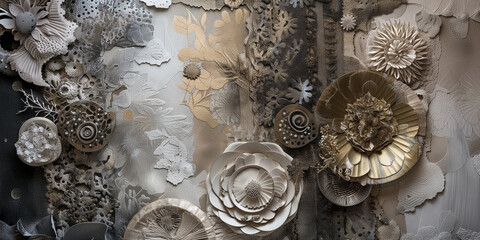 a muted sculptural composition of flowers and fossils with a sophisticated muted color palette
