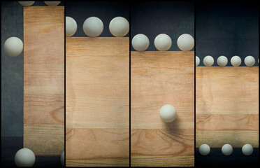 Abstract collage with white balls and a wooden board