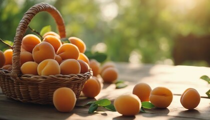freshly picked apricots in a basket on a wooden table

