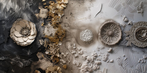 a muted sculptural composition of flowers and fossils with a sophisticated muted color palette