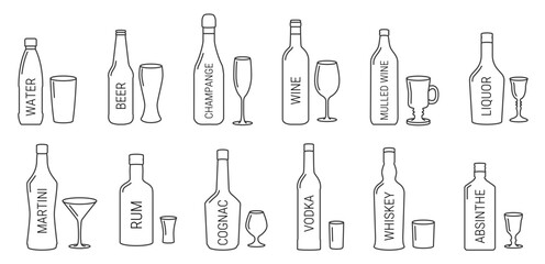 Bottles and drink glasses vector icons with titles. Set of editable line signs. Alcohol beverage symbols in linear style. Water, beer, wine, vodka, whiskey, cognac, martini and other spirits bottles.