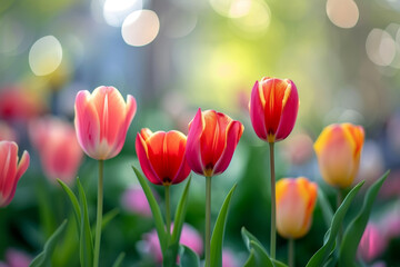 Spring tulips with sunlight. Background with selective focus and copy space