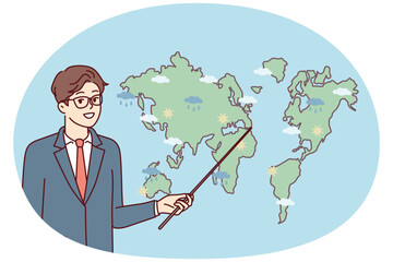 Man weather forecaster showing precipitation prediction map in different parts world. Guy in business clothes with pointer stands near continents for TV show about climate change. Flat vector design