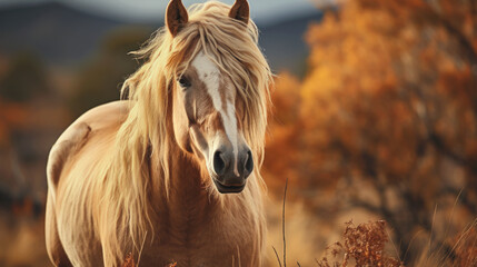 Majestic Palomino Horse in Autumn Scenery. Generative AI. - obrazy, fototapety, plakaty