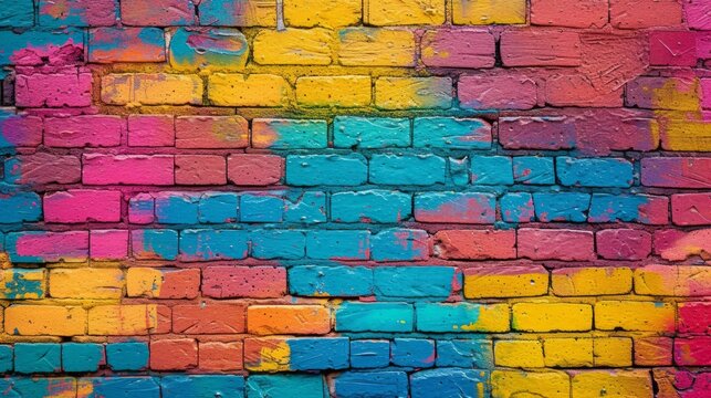 full-frame image of a colorful, graffiti-covered brick wall, with each brick layered in a spectrum of vivid hues © Kanisorn