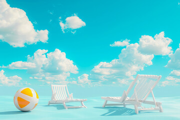 Blue sky background with clouds, a beach lounger and a ball. Use as mockup and backdrop.