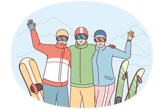 Company of friends at ski resort waving their hands posing on winter vacation. Three tourist people in ski goggles stand with snowy peaks after skiing or snowboarding. Flat vector illustration