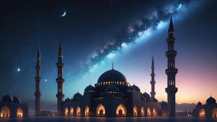 Silhouette of a Big Mosque in the Starry Night. Suitable for Ramadan concept, Islamic concept, Greeting card, Wallpaper, Background, Illustration, etc 