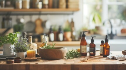 Serene herbal apothecary setup with natural remedies on a warm wooden kitchen workspace - obrazy, fototapety, plakaty